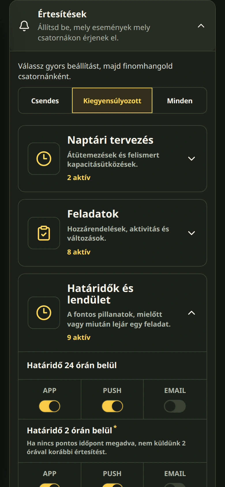 A Cetli értesítési beállításai mobilon, sötét témában