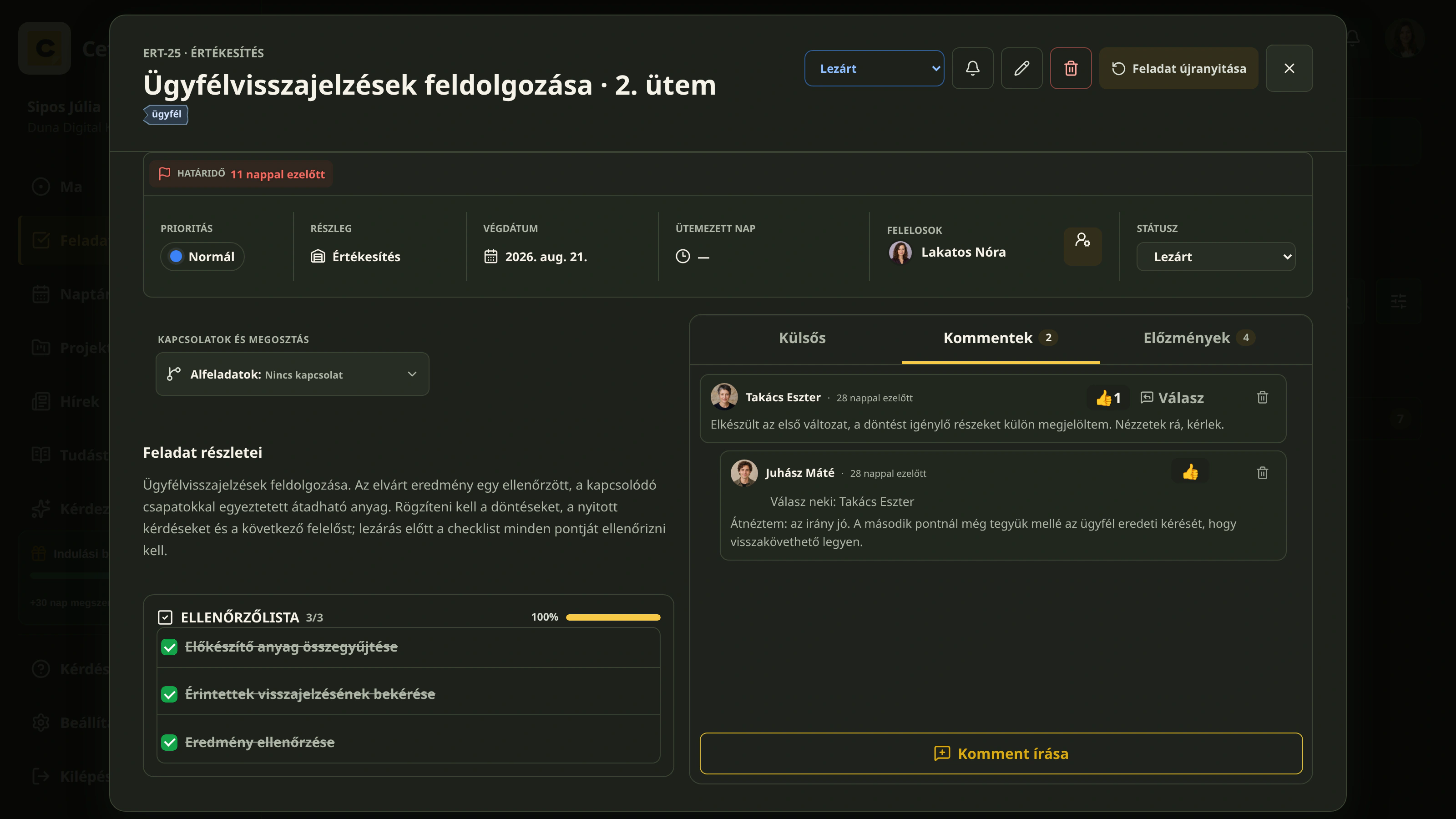 Feladathoz kapcsolódó kommentek sötét témában