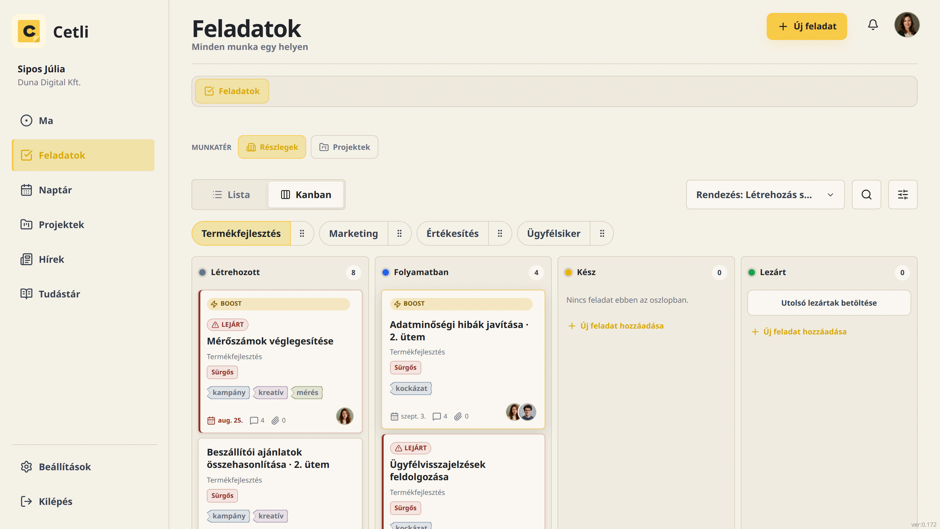 Valódi Cetli Kanban tábla kiosztott és követhető feladatokkal