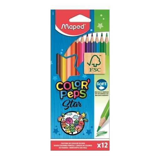 Színes ceruza készlet, háromszögletű, MAPED "Color'Peps", 12 különböző szín