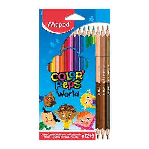 Színes ceruza készlet, háromszögletű, MAPED "Color'Peps World", 12 különböző szín + 3 kétvégű bőrtónus ceruza