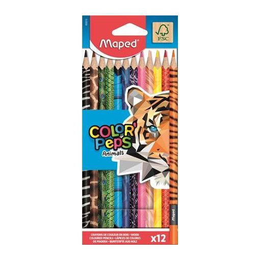 Színes ceruza készlet, háromszögletű, MAPED "Color'Peps Animal", 12 különböző szín
