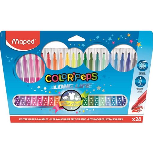 Filctoll készlet, mosható, MAPED "Color'Peps Long Life", 24 különböző szín