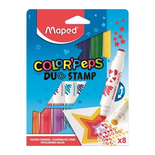 Filctoll készlet, 7,5 mm, kétvégű, MAPED "Color'Peps Duo Stamp" 8 különböző szín és minta