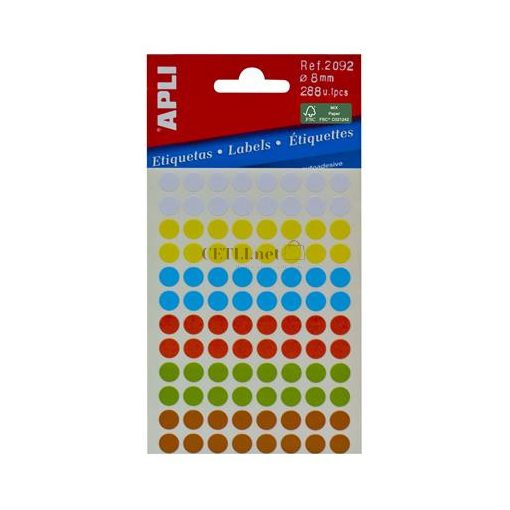 Etikett, 8 mm, kör, kézzel írható, színes, APLI, vegyes színek, 288 etikett/csomag
