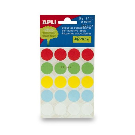 Etikett, 19 mm kör, kézzel írható, színes, APLI, vegyes színek, 100 etikett/csomag