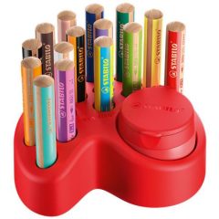   Színes ceruza készlet asztali tartóban, kerek, vastag, STABILO "Woody 3 in 1", 15 különböző szín