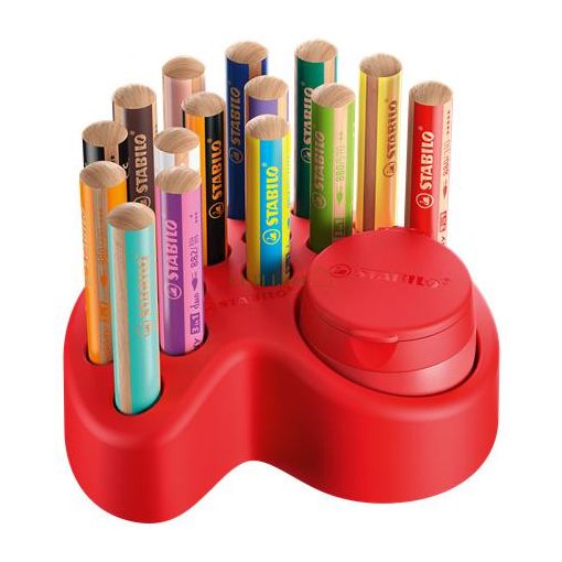 Színes ceruza készlet asztali tartóban, kerek, vastag, STABILO "Woody 3 in 1", 15 különböző szín