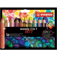   Színes ceruza készlet, kerek, vastag, STABILO "Woody ARTY 3 in 1", 10 különböző szín